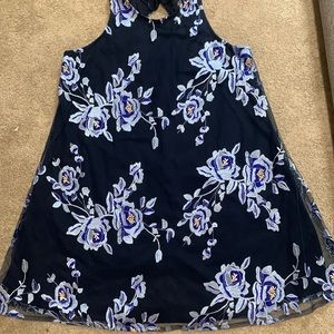 Blue Floral Tie Back Dress with Mesh Overlay